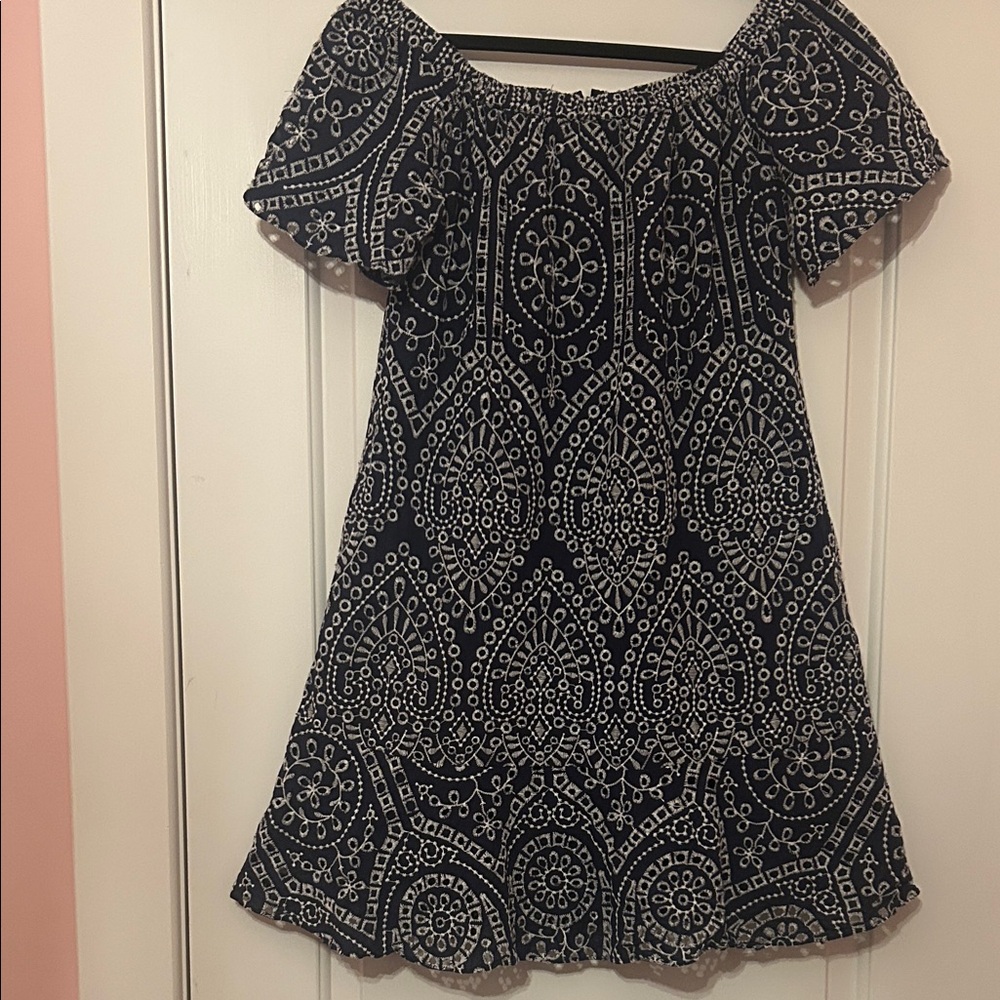 Melanie Lyne Navy and White Off-Shoulder Dress